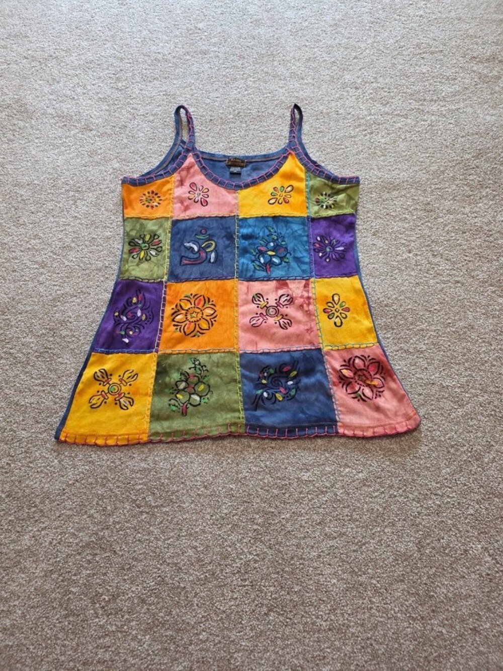 Rising International Patchwork Boho Festival Embroidered Cami Tank Top Sz 1XL